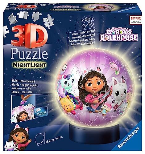 Ravensburger Spieleverlag Ravensburger 3D Puzzle 11575 - Nachtlicht Puzzle-Ball Gabby's Dollhouse - für Gabby's Dollhouse Fans ab 6 Jahren, LED Nachttischlampe mit Klatsch-Schalter: Erlebe Puzzeln in der 3. Dimension