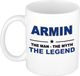 Bellatio Decorations Armin cadeau mok - man myth legend - naam koffiemok / beker - wit en blauw - 300 ml - verjaardag