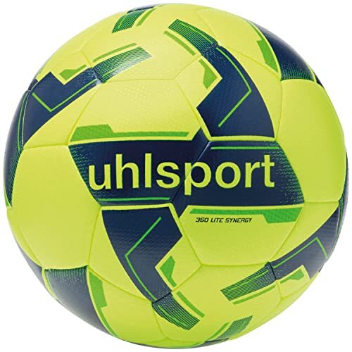 Uhlsport 350 LITE Synergy, Junior voetbal speelbal trainingsbal, gazon, voor kinderen van 10 tot 12, fluo geel/marine/fluo groen - maat 4