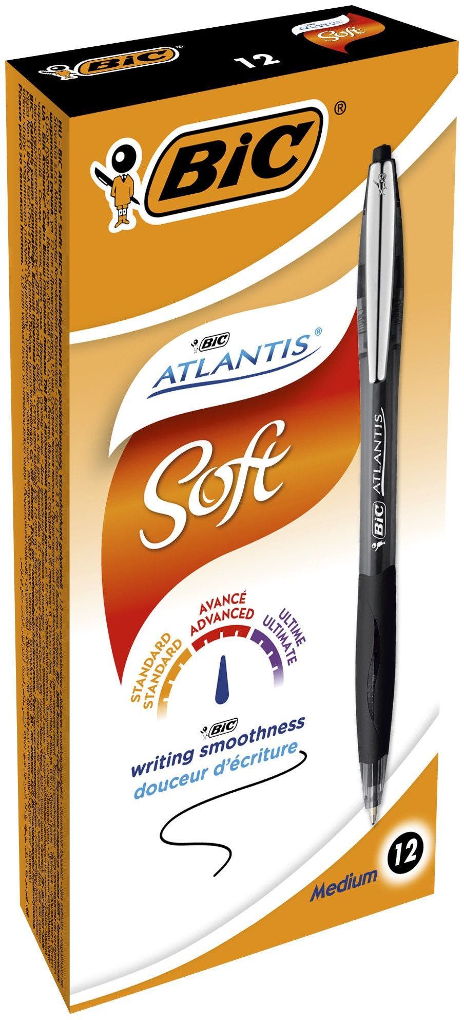 BIC Atlantis Soft Zwart Intrekbare Balpennen - Medium Punt - 12 Stuks