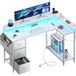 Ecofurnix Bureau Gaming Led En L, 118 Cm Bureau D’ordinateur Avec 3 Tiroirs En Tissu, Prise Intégrée Et Support De Moniteur, Blanc