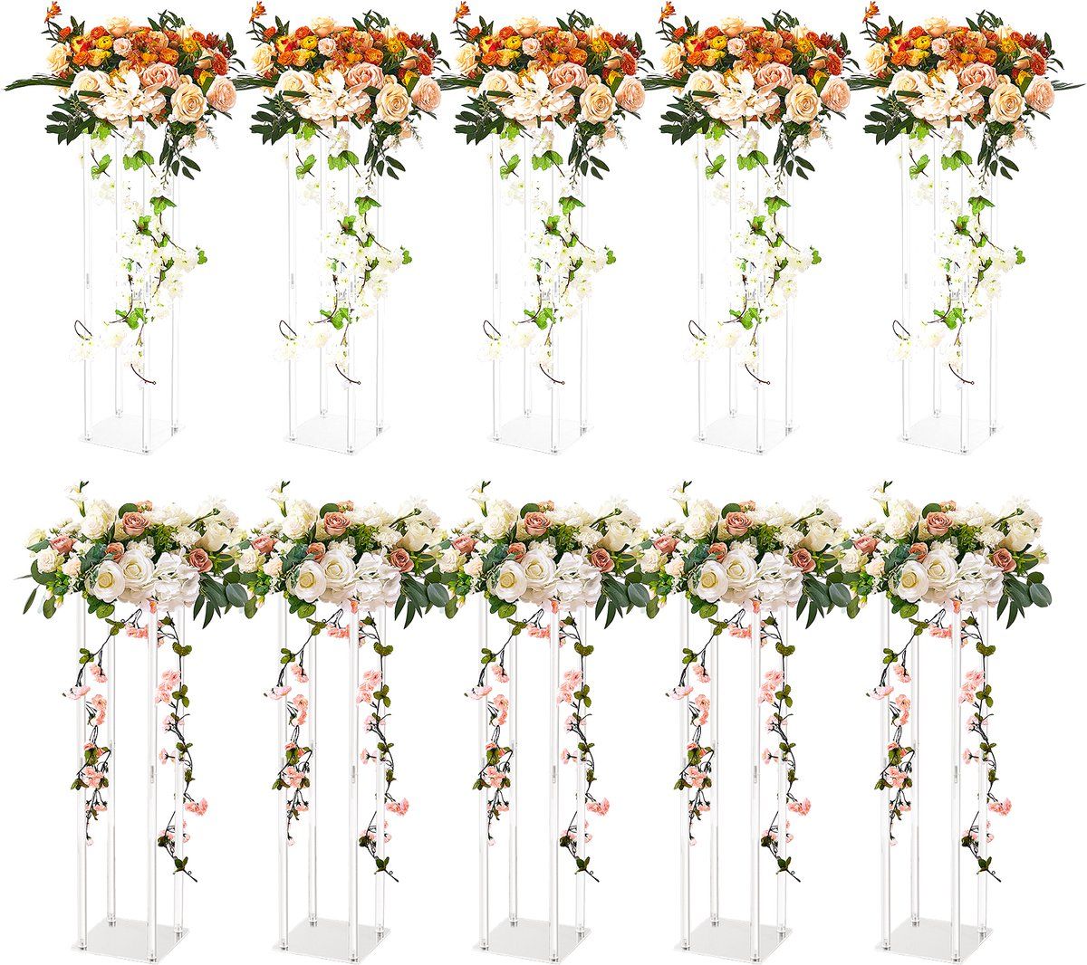 VEVOR 10 stuks 60 cm hoge bloemenstandaard voor bruiloft, met acryllaminaat, acryl vaas, kolom, geometrisch middelpunt, bloemendisplayrek voor T-stage-evenementen receptie, feestdecoratie thuis