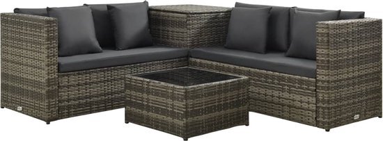 vidaXL 4-delige Loungeset met kussens poly rattan grijs