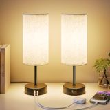 UPXNBOR Touch Nachtkastlampen Set van 2 met USB-A- en USB-C-oplaadpoorten, Bureaulamp, 3 helderheidsniveaus, Stoffen lampenkap van linnen, met kabel van 1,5 m, Zwart (E27-lamp inbegrepen)
