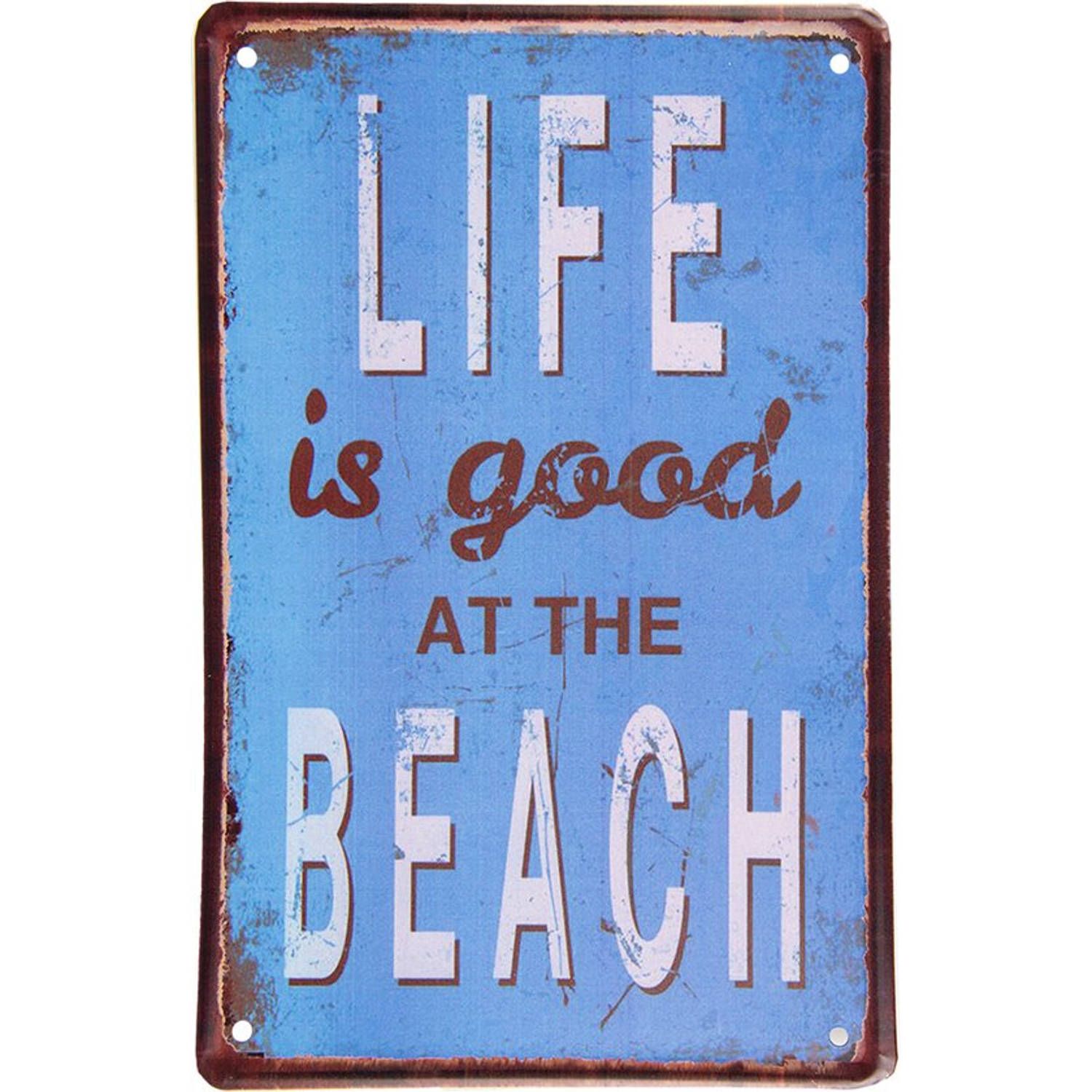 Clayre & Eef Wanddecoratie 20x30 cm Blauw Wit Metaal Life Is Good At The Beach Muurdecoratie Wandversiering Tekstbord