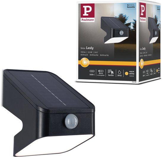 Paulmann Lesly Solar LED Wallwasher Antraciet Kunststof IP65 3000K 5.5W 400lm