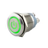 SeKi Roestvrijstalen drukknop Ø19mm tastend platte kop gekleurd verlicht powersymbool in groen schroefaansluiting; belknop