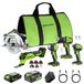 GREENWORKS 24V 5-delige draadloze gereedschapset (boor-/schroefmachine, slagschroevendraaier, cirkelzaag, multitool, lamp), 4,0Ah + 2,0Ah accu’s (24.000 mAh powerbank), 65W snellader