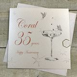 White Cotton Cards BD135C Coupe glas"Happy Anniversary 'Coral' 35 Years" handgemaakte verjaardagskaart, wit