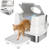PawHut Kattenbak - Roestvrij staal, ABS - 60,2 x 40,2 x 44,5 cm - Lichtgrijs