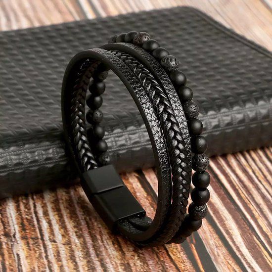 LOUD AND CLEAR® Leren Armband Zwart Unisex 21cm