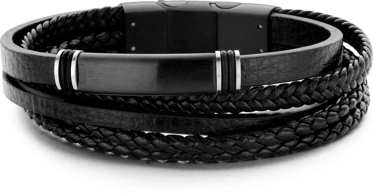 Frank 1967 7FB-0228 - Heren armband met staal elementen - gevlochten leer - lengte 20 + 1 cm - zwart