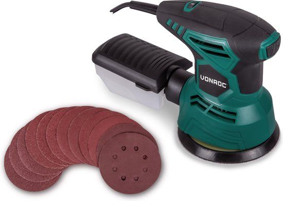 VONROC Excentrische schuurmachine - 300W - Ø125mm - Met stofopvangbox & 12 stuks schuurpapier
