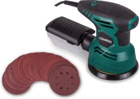 VONROC Excentrische schuurmachine - 300W - Ø125mm - Met stofopvangbox & 12 stuks schuurpapier