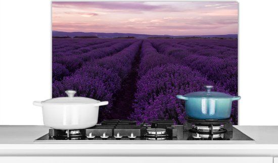 KitchenYeah Spatscherm keuken 90x60 cm - Kookplaat achterwand Lavendel - Paars - Bloemen - Natuur - Muurbeschermer - Spatwand fornuis - Hoogwaardig aluminium