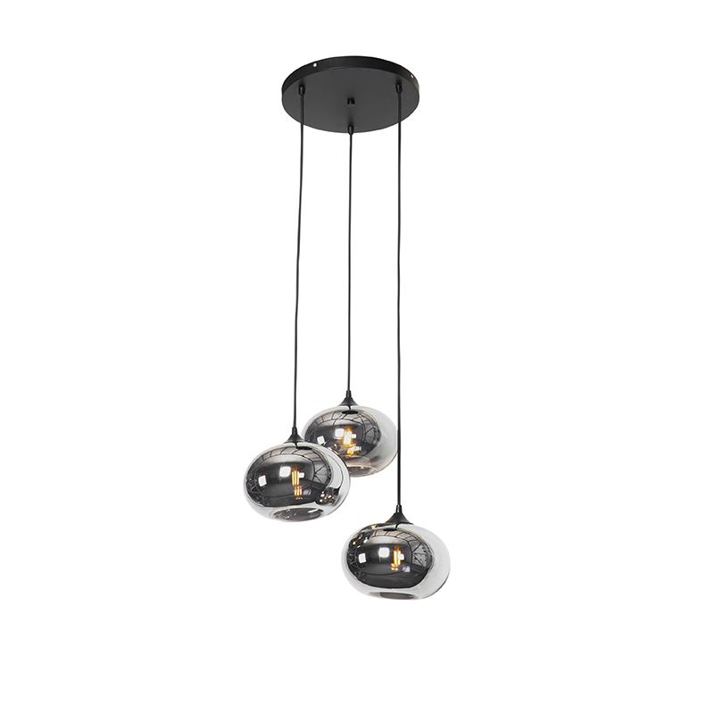 QAZQA Busa - Art deco hanglamp zwart met smoke glas rond 3-lichts - Ø 45 cm