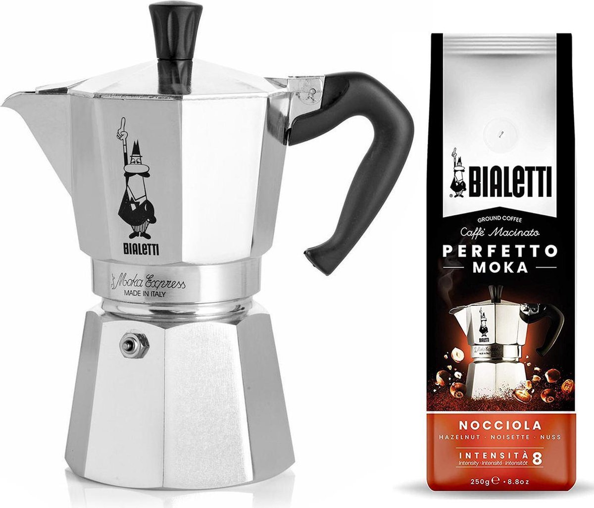 Bialetti Moka Express 3 kops + Hazelnoot gemalen koffie 250gr