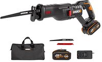 Worx WX516 Accu-reciprozaag, 20 V, borstelloze motor, met 4000 mAh PowerShare accu en oplader, snelle vervanging van het zaagblad, variabele snijsnelheid, LED-licht, zwart