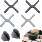 Unyqoos Set de 4 sous-verres en silicone, résistant à la chaleur, pliable, avec maniques, noir + gris