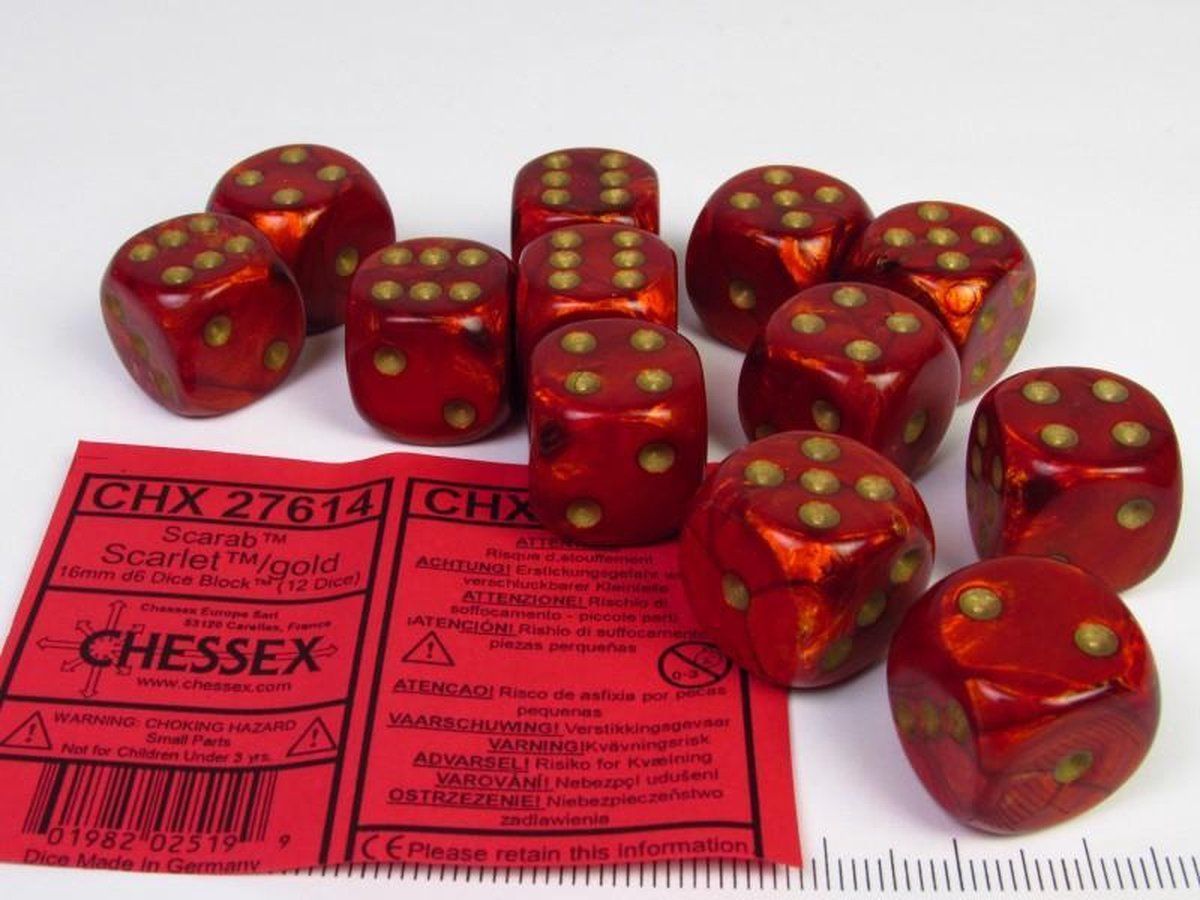 Chessex Scarab Scarlet Dice Set - 12 x 6-sided 16mm with Gold