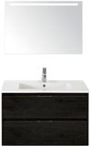 BES LED Porto Badmeubelset 90 cm - Black Oak - Keramische Wastafel Wit Slim met Sence Spiegel