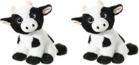 Heunec Boerderij Set van 2x stuks zwart met witte pluche koe/koeien knuffels 14 cm - Boerderij knuffeldieren voor kinderen