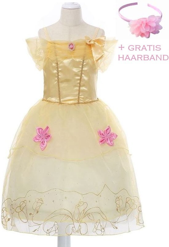 Spaansejurk NL Prinsessen jurk verkleedjurk 140-146 140 geel roze met broche + GRATIS haarband