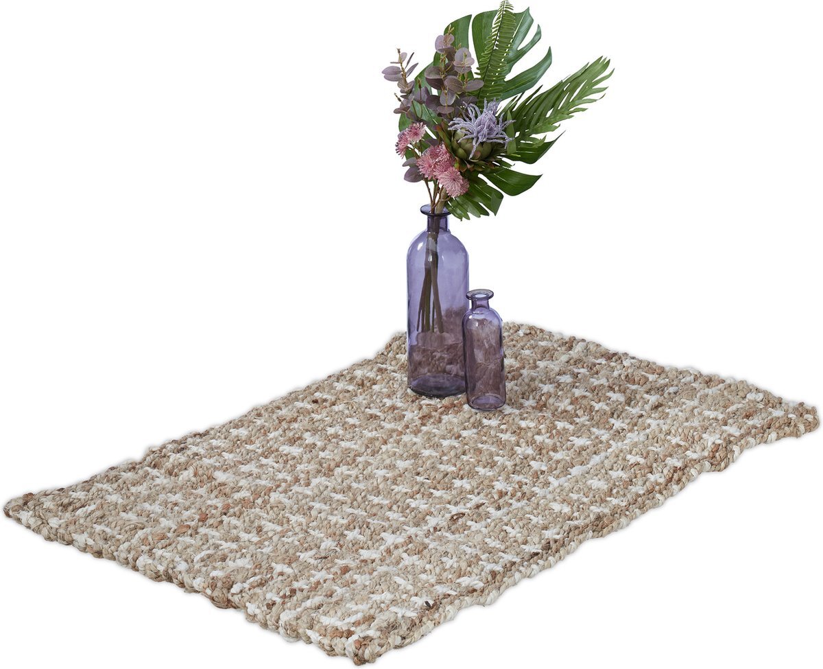 Relaxdays vloerkleed jute - 60 x 90 cm - vloertapijt - patroon - handgeweven - beige/crème