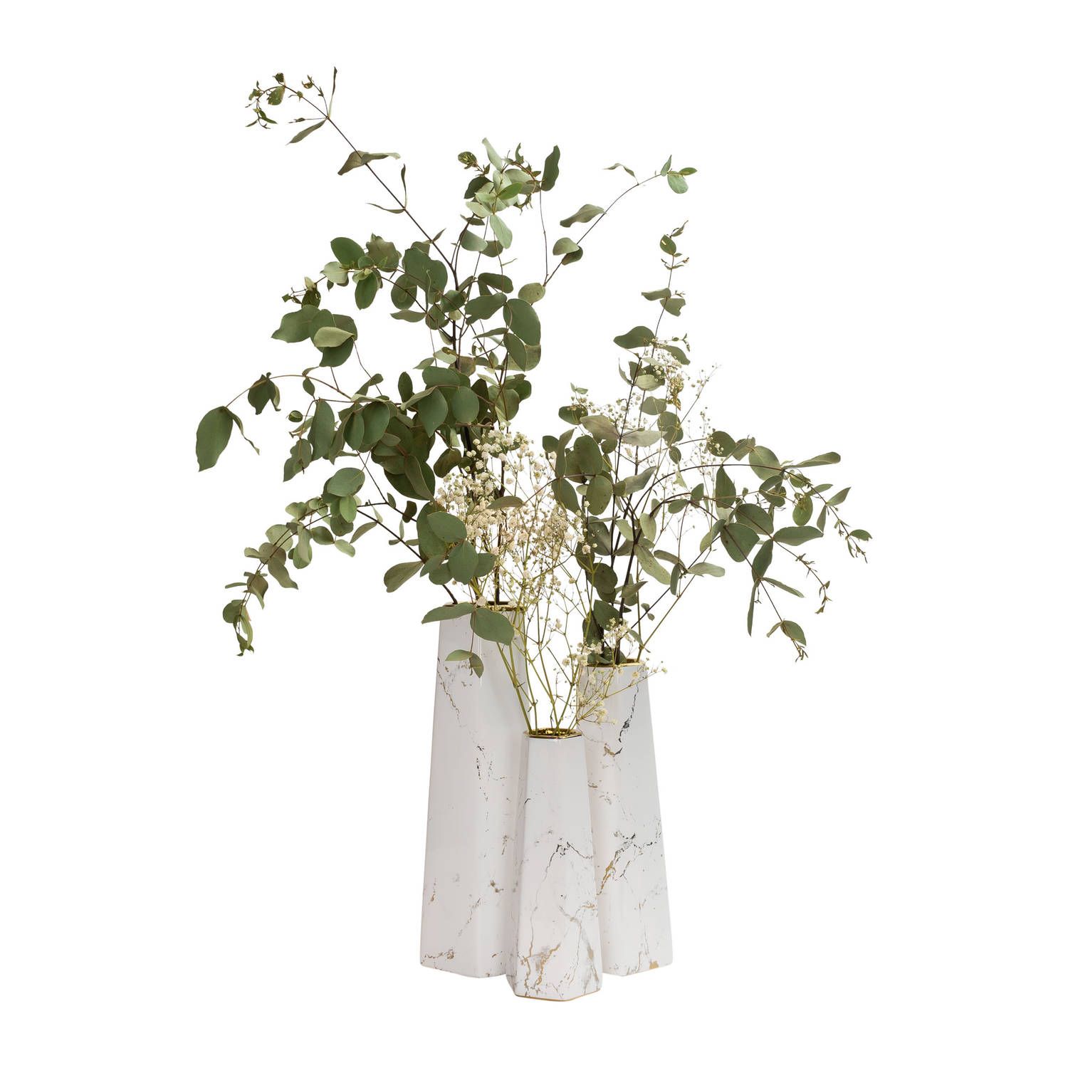 QUVIO Zeshoekige Vaas Keramiek - Wit met Goud Marble Look - Set van 3 (S+M+L)