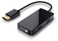 CSL Adaptateur DisplayPort 3-en-1, convertisseur vidéo avec connexion DP vers connexions HDMI, DVI et VGA, câble de 15 cm, Full HD 1080p, adapté pour carte graphique, PC de bureau, ordinateur portable et projecteur, noir