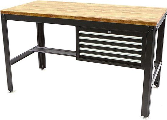 HBM Machines B.V. 155 cm Professionele Werkbank met 5 Laden en Houten Werkblad Zwart