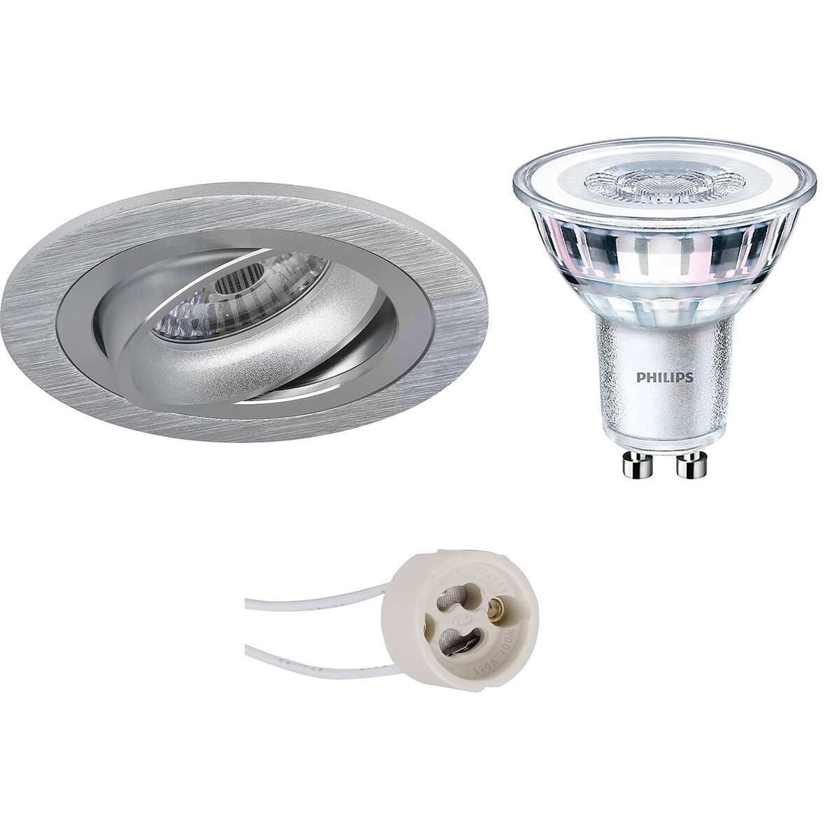 BES LED LED Spot Set - Pragmi Alpin Pro - GU10 Fitting - Inbouw Rond - Mat Zilver - Kantelbaar Ø92mm - Philips - CorePro 827 36D - 4.6W - Warm Wit 2700K