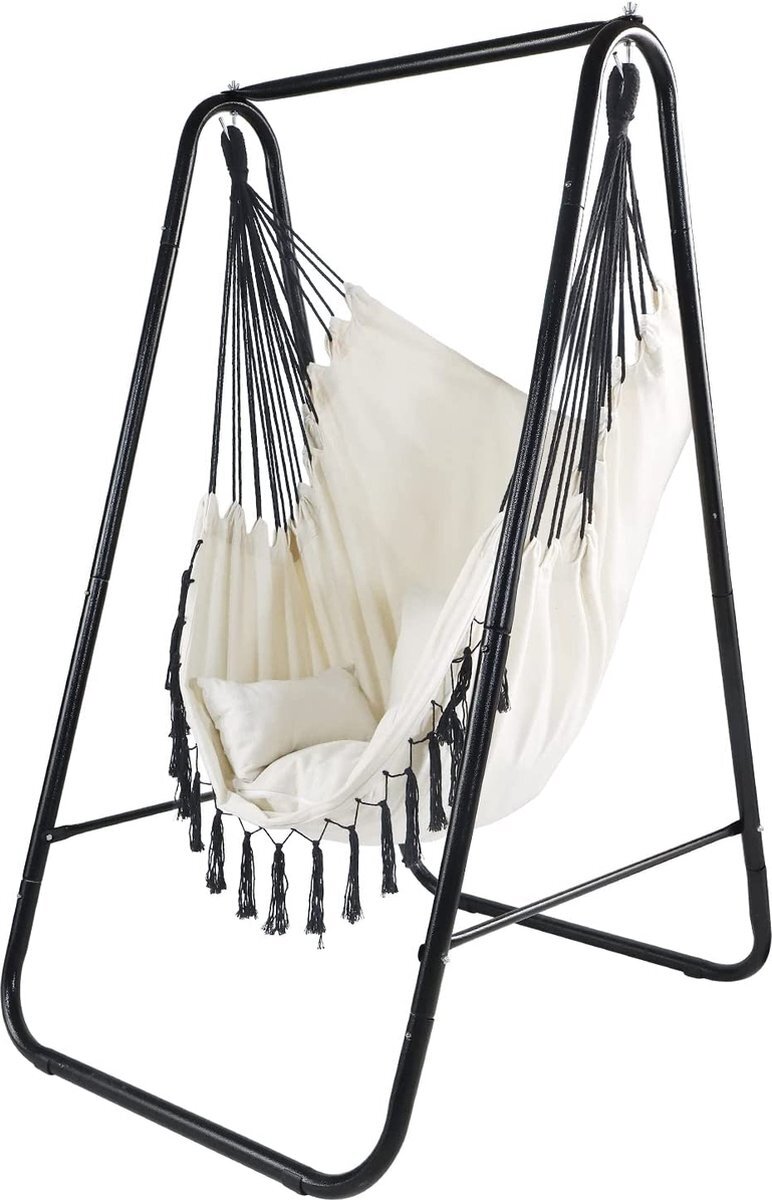 CCLIFE Hangmat Hangstoel Met Frame En 3 Kussens Hang Hangstoel Tot 100kg Binnen & Buiten Tuin Hangstoel Beige 85x103x153cm