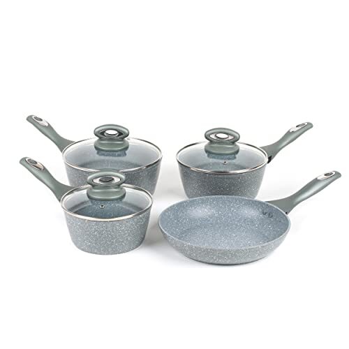 Salter BW04151G1 Saucepan Set 4 Piece Non-Stick Cookware Set Marble Collection, Suitable For All Pans Including Induction, Use Little Or No Oil, Forged Aluminium, Grey