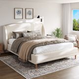 STILVORA Gestoffeerd Bed 140x190 cm – Comfortabel Wingback Hoofdbord – Stevige Lattenbodem Zonder Veren – Zonder Matras – Bouclé – Ivoorwit