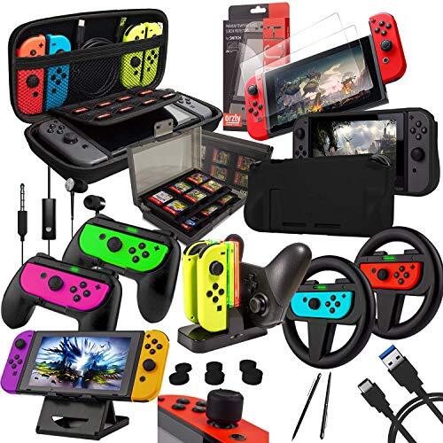 Orzly Switch Accessories Bundle - Geek Pack for Nintendo Switch: Case & Screen Protector, Joycon Grips & Racing Wheels, Switch Controller Charge Dock, Comfort Grip Case & more - JetBlack