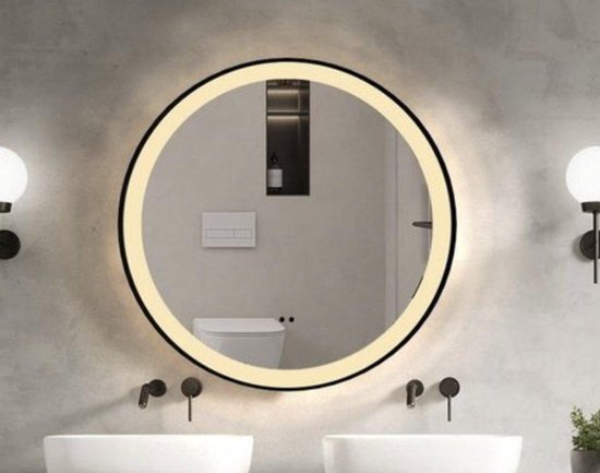 Saniclass Lonato badkamerspiegel rond diameter 60cm met geïntegreerde LED verlichting met spiegelverwarming en touch schakelaar Mat Zwart SW1-60MB