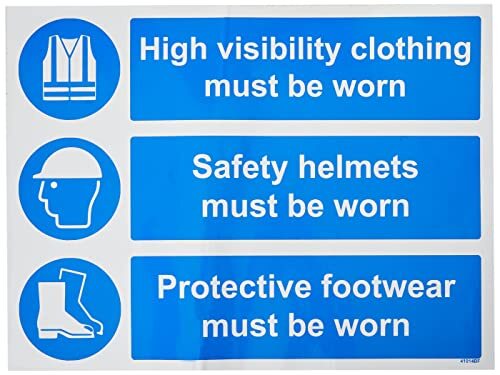 V Safety VSafety 41014BF-S "Helm en schoeisel moeten worden gedragen" Verplicht PPE-teken, zelfklevend, beschermende kleding, landschap, 400 mm x 300 mm, Blauw