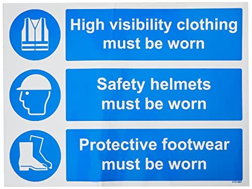 VSafety 41014BF-S "Helm en schoeisel moeten worden gedragen" Verplicht PPE-teken, zelfklevend, beschermende kleding, landschap, 400 mm x 300 mm, Blauw