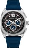 Cerruti 1881 Chronograaf Cuneo Heren Polshorloge - Zwart Stalen Kast - Blauwe Siliconen Band - Zwarte Wijzerplaat - 47mm