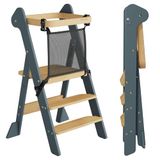 COSYLAND Tour d'apprentissage pliable en bois à partir de 1 an – Lauréat du iF Design Award, avec filet de sécurité et hauteur réglable, parfait pour la cuisine et la salle de bain (Bleu ardoise & Naturel)