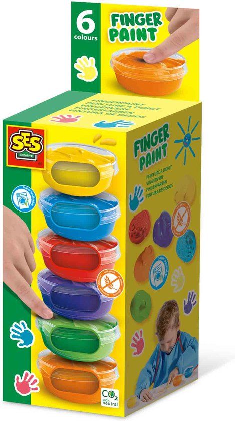 SES Creative Vingerverf (6x45ml) - Mengbaar - Makkelijk uitwasbaar - Geel, Lichtblauw, Paars, Rood, Groen en Oranje