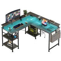 ELVANZA Bureau, L-vormig bureau, 140 x 140 x 85 cm, omkeerbaar hoekbureau voor computer, met stopcontact en LED-strip, gamingbureau met monitorhouder en opbergvakken, langwerpig dubbel bureau, donkergrijs