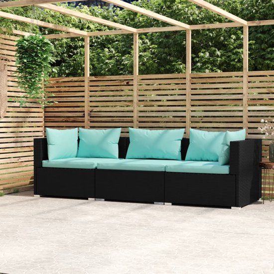 The Living Store Tuinmeubelset - 3-zits bank - Zwart PE-rattan - Aqua kussens - Modulair design - Buiten