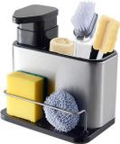 Merkloos Spoelbak-organizer met afwasmiddeldispenser, 3-in-1 spons met afwasmiddeldispenser, houder, roestvrij staal met lekbak, keukenorganizer, zeepdispenser met sponshouder, sponshouder voor gootsteen, Zwart, Zilver, RVS, Kunststof, Staal