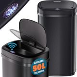 Poubelle - 50 litres - Acier inoxydable - Noir - Avec détecteur de mouvement et couvercle à fermeture douce