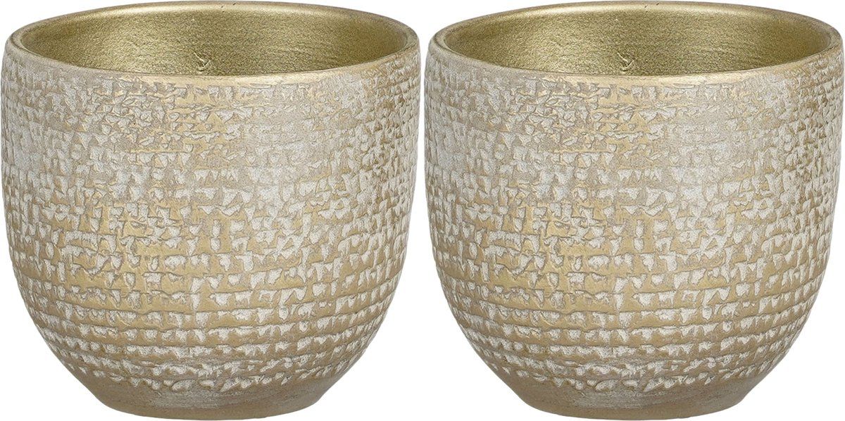 Mica Decorations - plantenpot/bloempot - 2x - champagne/wit flakes - D16/H14 cm