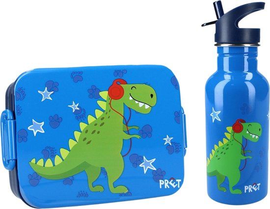 4KidsOnly Dino Lunchset - Lunchbox - Aluminium Drinkfles - Blauw - Lunchbox Kinderen