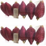 Decoris Kersthangers dennenappels - 12x - donkerrood - glitter - 8 cm - kunststof