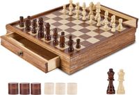 Sans marque Jeu d'échecs en bois massif, 15 pouces, 2-en-1 Échecs et dames